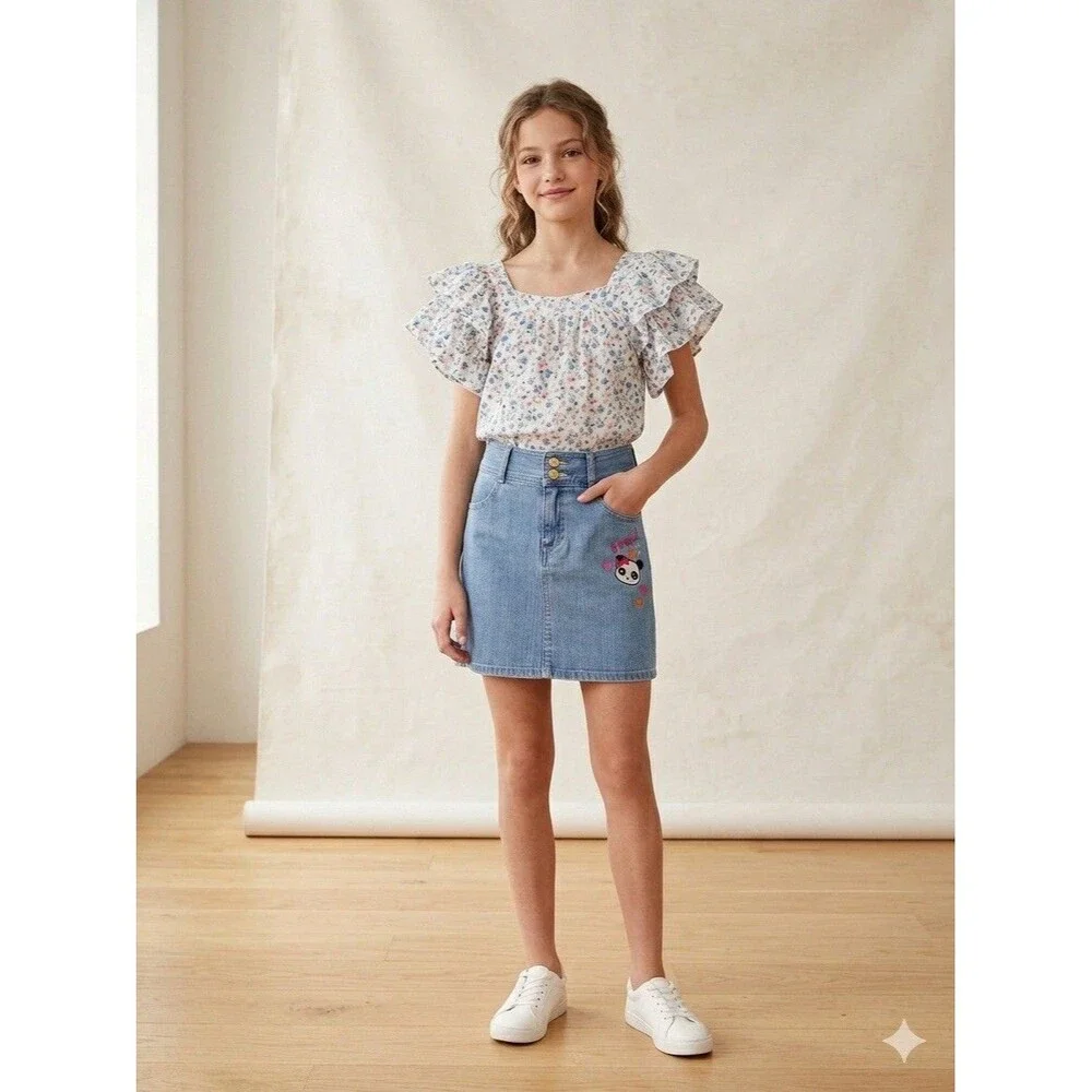 Gymboree Panda Denim Skirt Size 8 Vintage 2010 Embroidered Y2K Kidcore Aesthetic